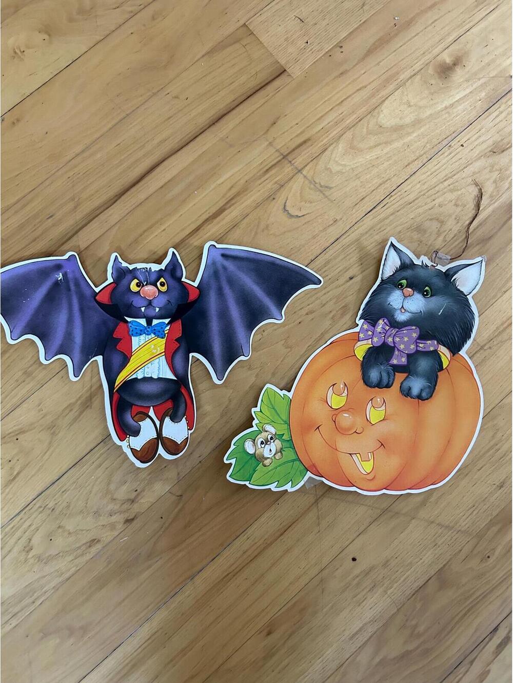 Vtg. set of two cardboard classroom Halloween die cuts. Cat and bat